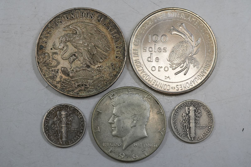 1円~【L885】外国銀貨まとめて 総重量:60.84g 1968年メキシコオリンピック ペルー100ソル アメリカ ハーフダラー ダイム 1109T拍卖