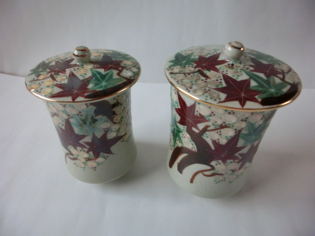 【未使用品】犬山焼き 後藤陶逸 夫婦湯呑 蓋付 箱入り拍卖