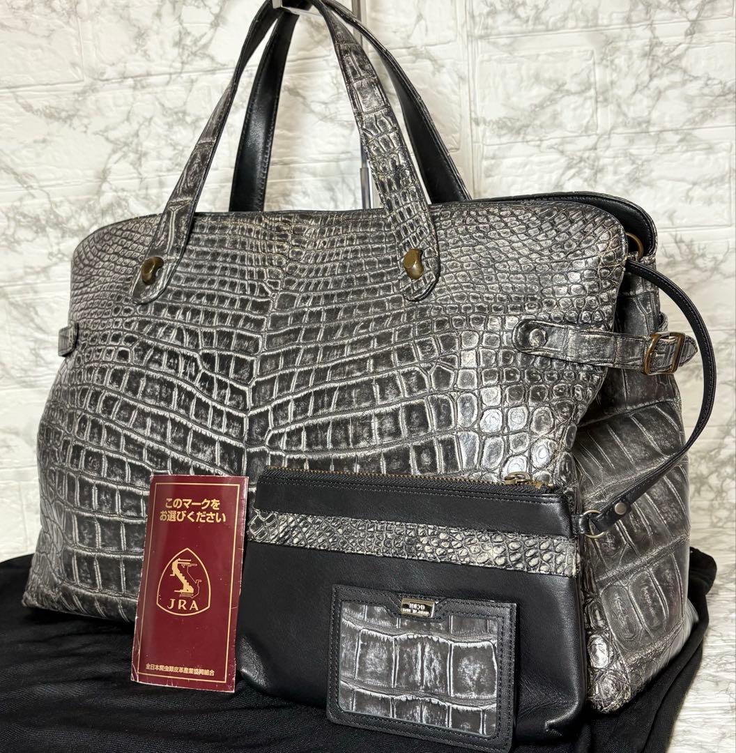 JRA 東京クロコダイル センター取り ワニ革 ビジネスバッグ ブリーフケース クロコ ハンドバッグ トートバッグ パスケース ポーチ付き拍卖