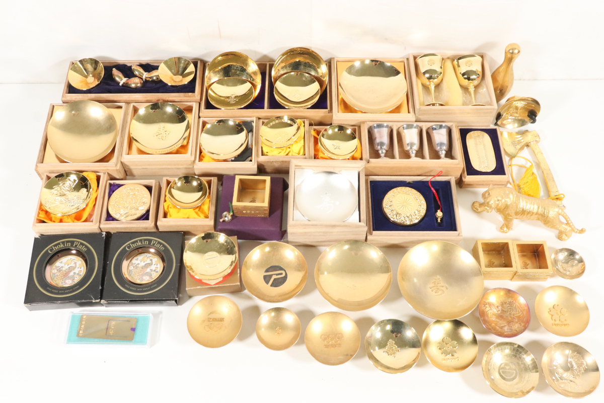 ★金杯 銀杯 まとめ 盃 干支 鶴亀柄 EXPO 酒器 24KGP 記念杯 朱肉 銀製 アンティーク コレクション_HJF_C1105-J008拍卖