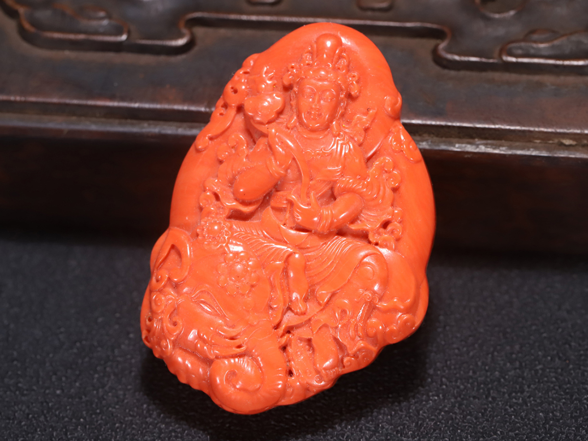 ▽鴻▽清時代 サンゴ 珊瑚 文殊菩薩紋掛件 時代物 中国古美術 骨董品拍卖