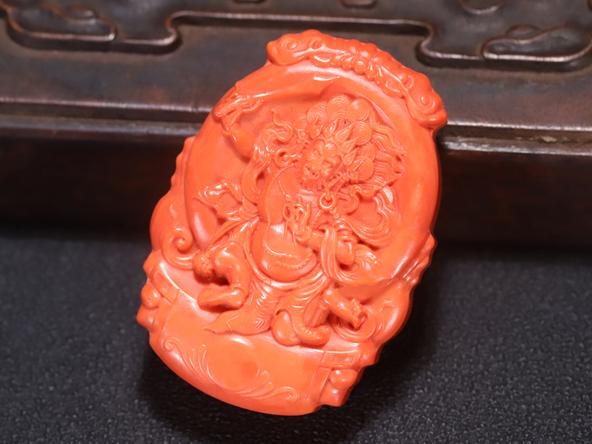 ▽鴻▽清時代 サンゴ 珊瑚 大黒天紋掛件 時代物 中国古美術 骨董品拍卖