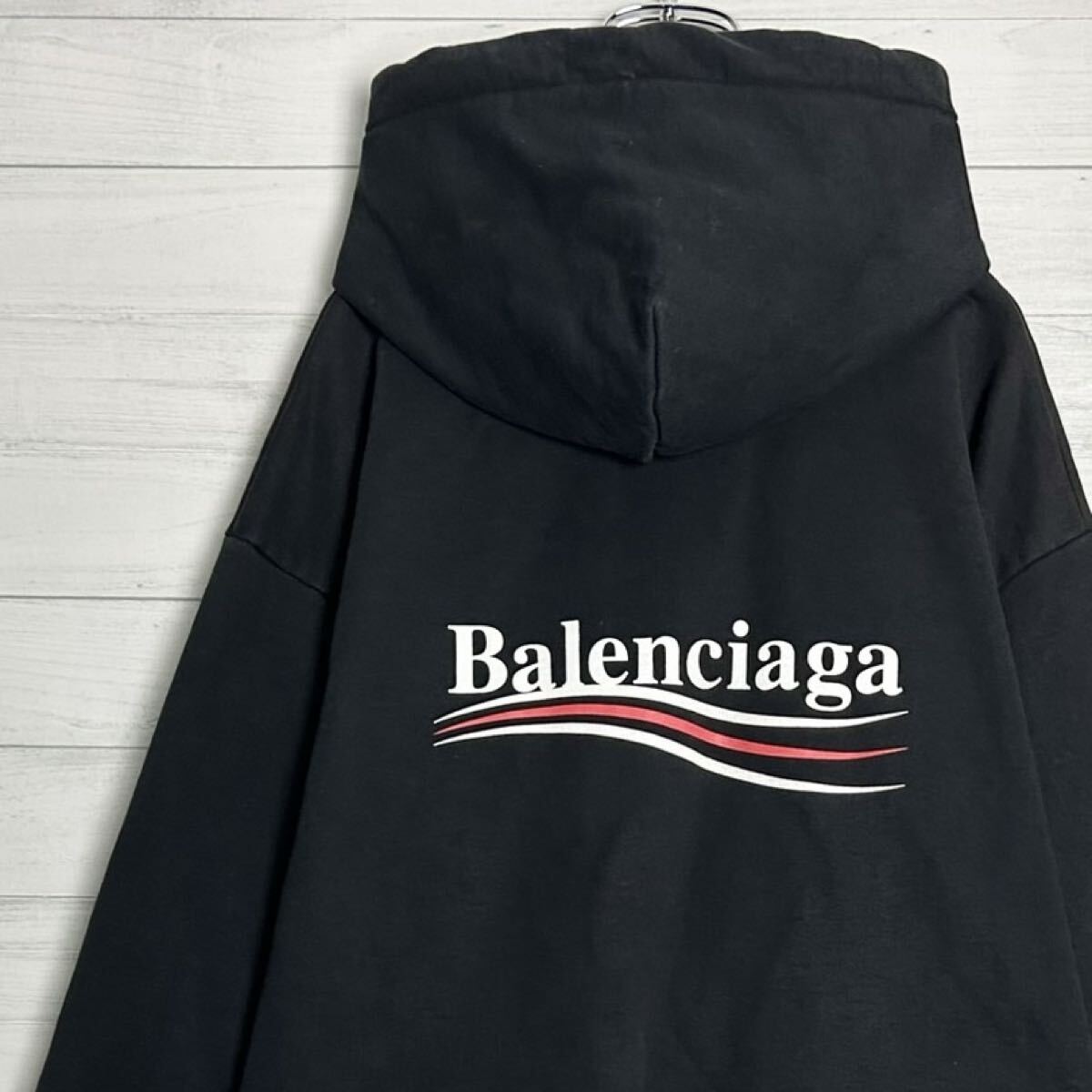 極美品 人気 BALENCIAGA バレンシアガ キャンペーンロゴ 両面ロゴ パーカー 長袖 オーバーサイズ M ブラック 黒 トップス メンズ拍卖
