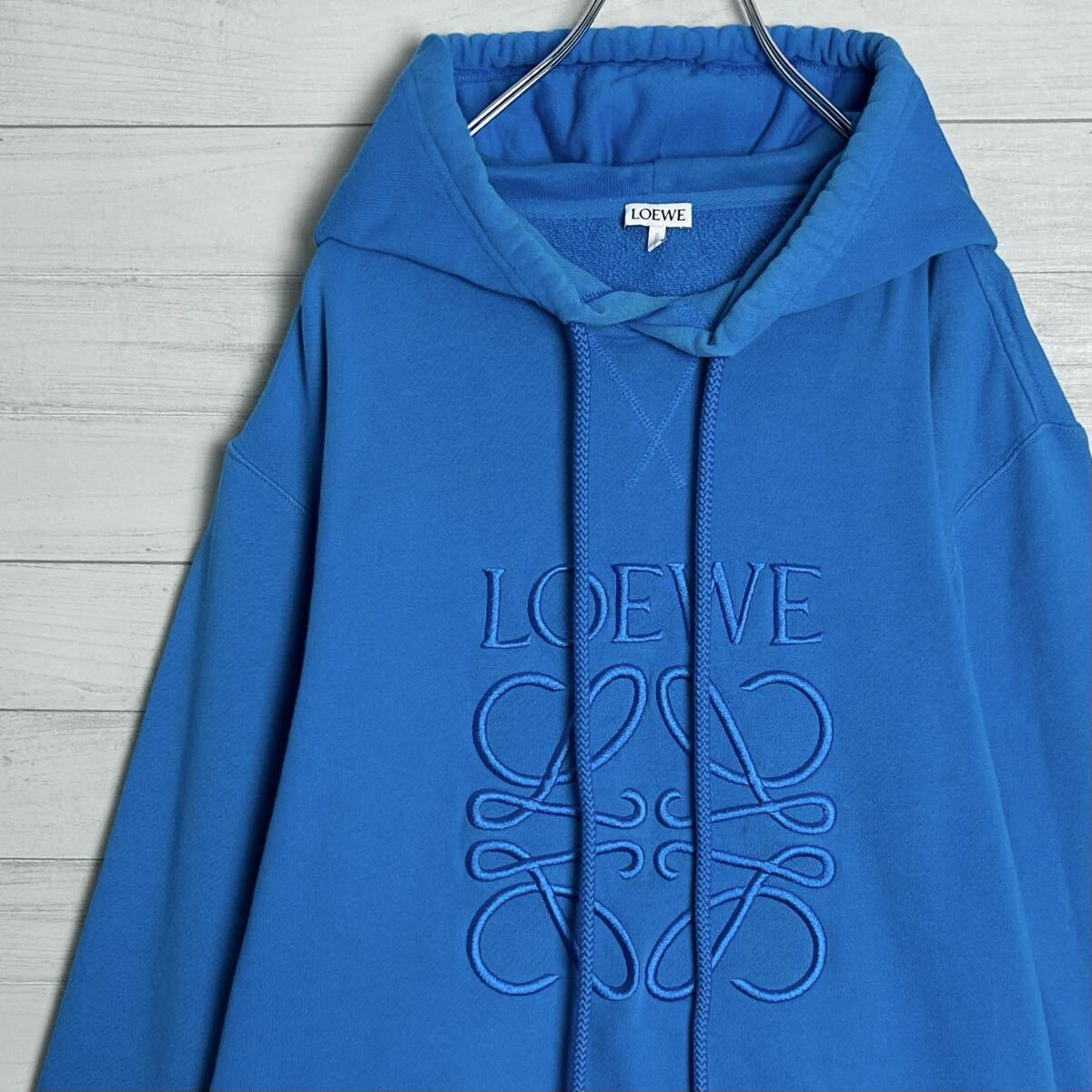 美品 LOEWE ロエベ アナグラム フロントロゴ 刺繍 フーディー プルパーカー スウェット トレーナー L ブルー 青色 トップス メンズ拍卖
