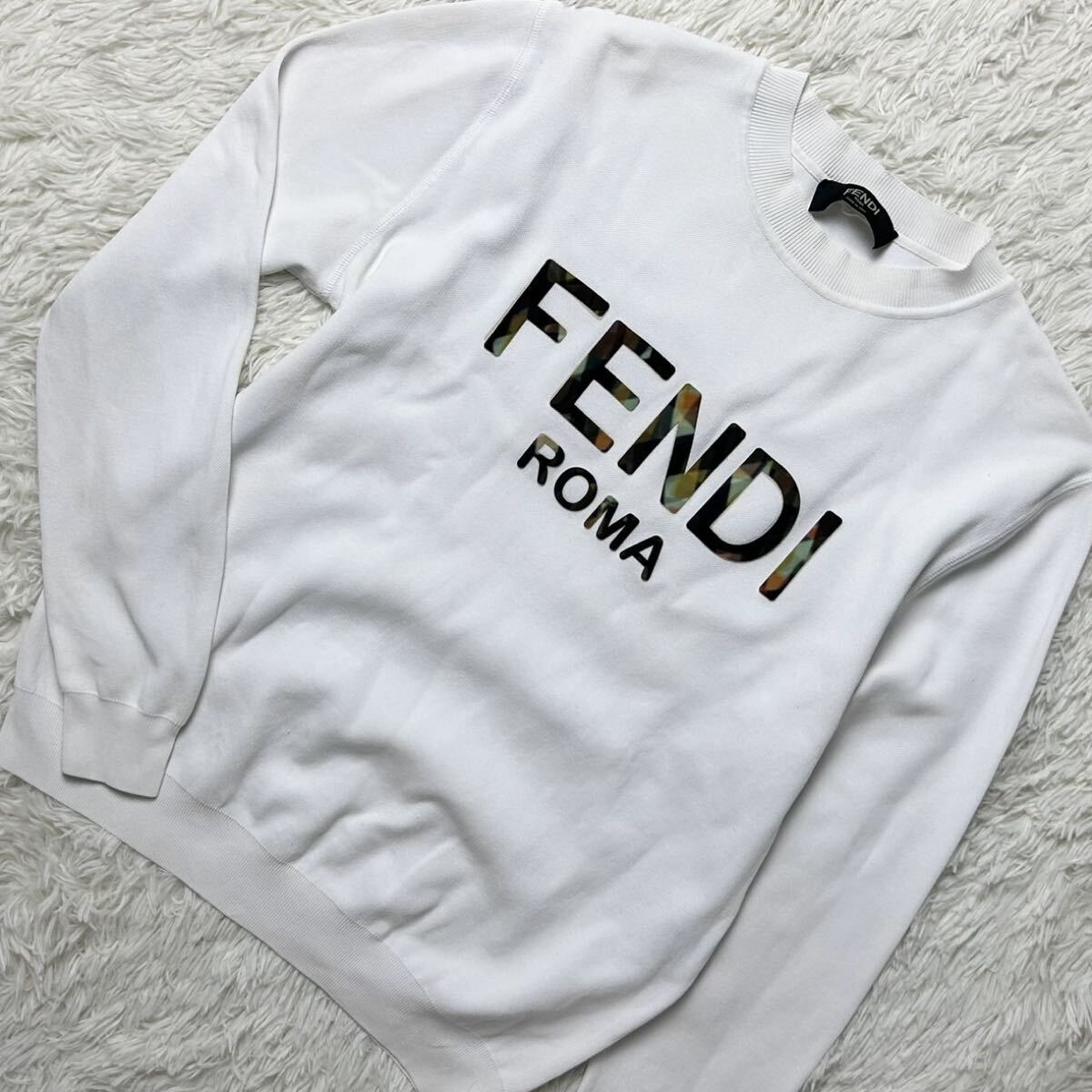 美品 FENDI フェンディ 立体ロゴ フロント センターロゴ スウェット トレーナー クルーネック 長袖 M ホワイト 白 トップス メンズ拍卖