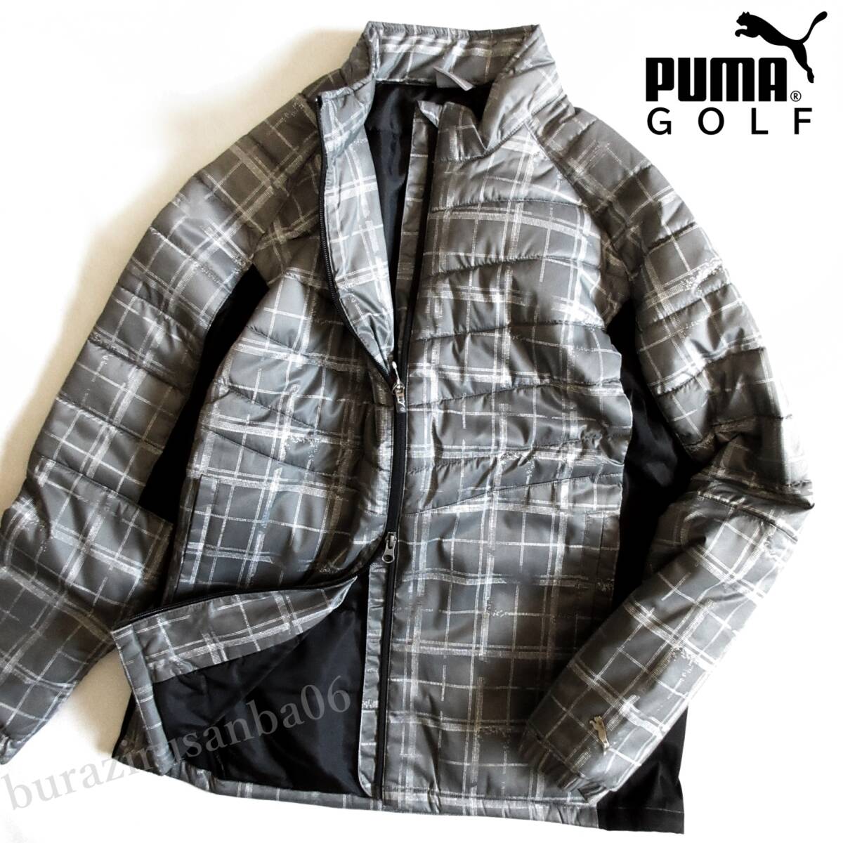 メンズ L◆未使用 定価17,600円 PUMA GOLF プーマ ゴルフ 中綿 グラフィック チェック柄 パデッドジャケット 軽量 ブルゾン グレー 930337拍卖