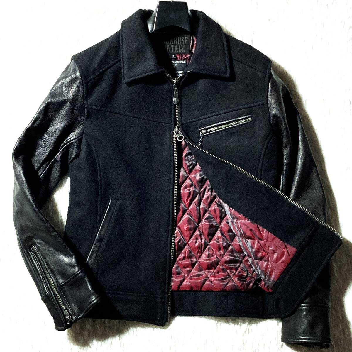 ジャックローズ×清木場俊介★入手困難★山羊革レザー袖スタジャン ライダースジャケット ボルドー裏キルティング 黒 3 JACKROSE JACK ROSE拍卖