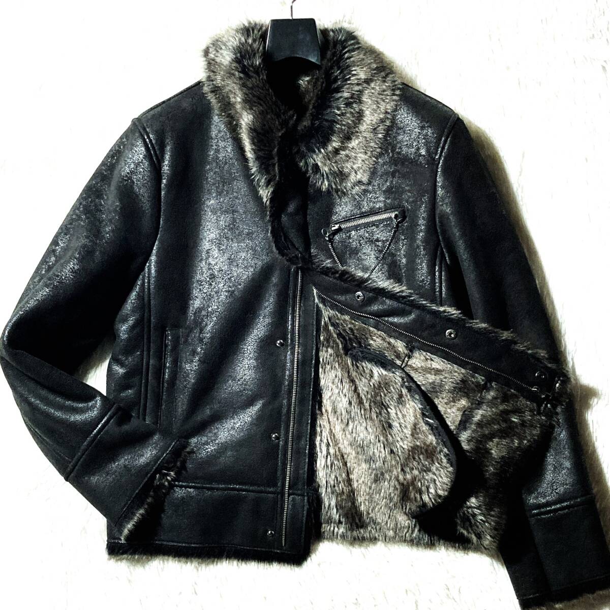 semantic design★入手困難&最高クール 希少サイズLL★フェイクムートン ライダースジャケット ブルゾン コート 黒 セマンティックデザイン拍卖