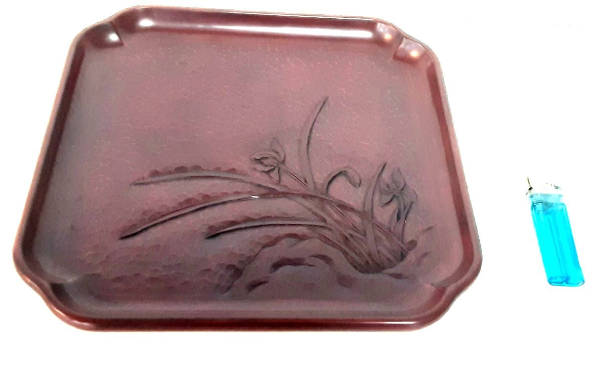 鎌倉彫 お盆 角盆 宗鶴堂 伝統工芸 箱付 27.5x27.5x2cm 中古 102081☆拍卖