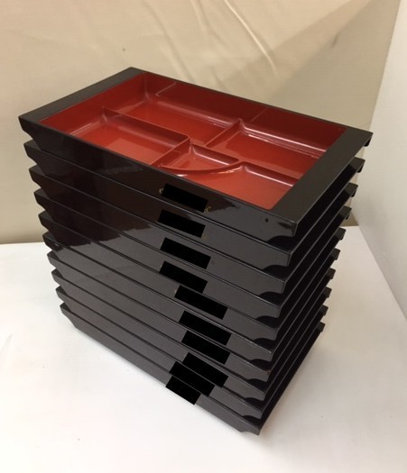弁当箱 松花堂 10個セット 5ツ仕切 取手付 W40.5xD23xH5cm 名入り スタッキング可 黒梨地赤 中古 81371 ★*拍卖
