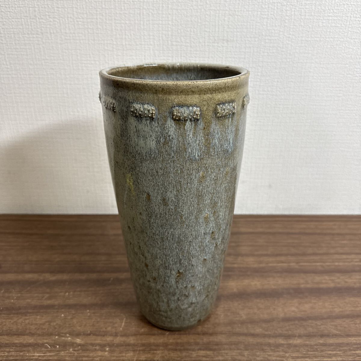 OYN277 村田浩作 益子焼 花瓶 花器 陶器 古美術 工芸品 アンティーク コレクション 直径約13cm 高さ約26.5cm拍卖