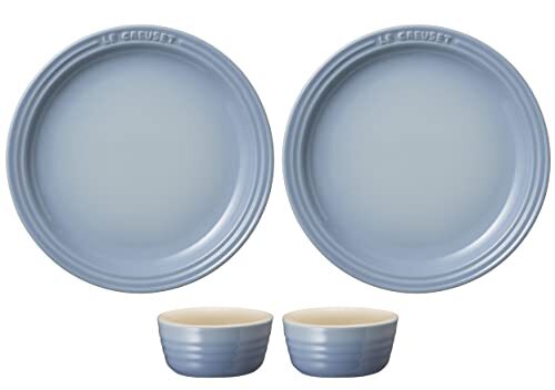 ル・クルーゼ(Le Creuset) ラウンド・プレート セット コースタルブルー 皿19cm ラムカン 4点セット 耐熱 耐冷.拍卖