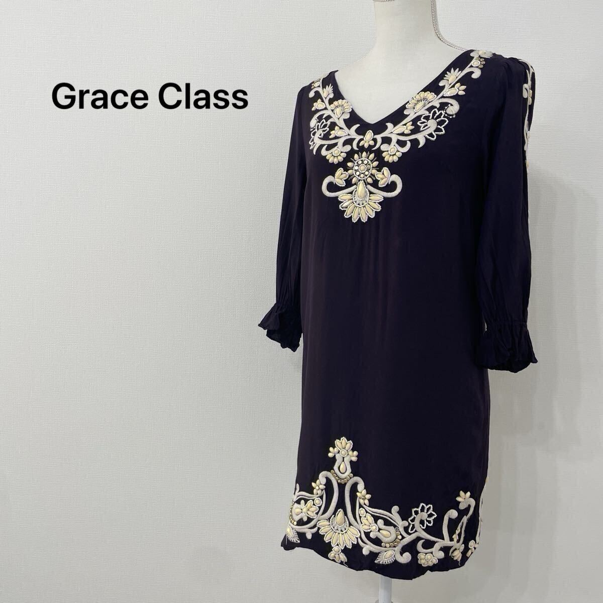 【A26】グレースクラス Grace Class 刺繍 花柄 ワンピース ダークパープル 5分袖 ビジュー ビーズ 上品 レディースM拍卖