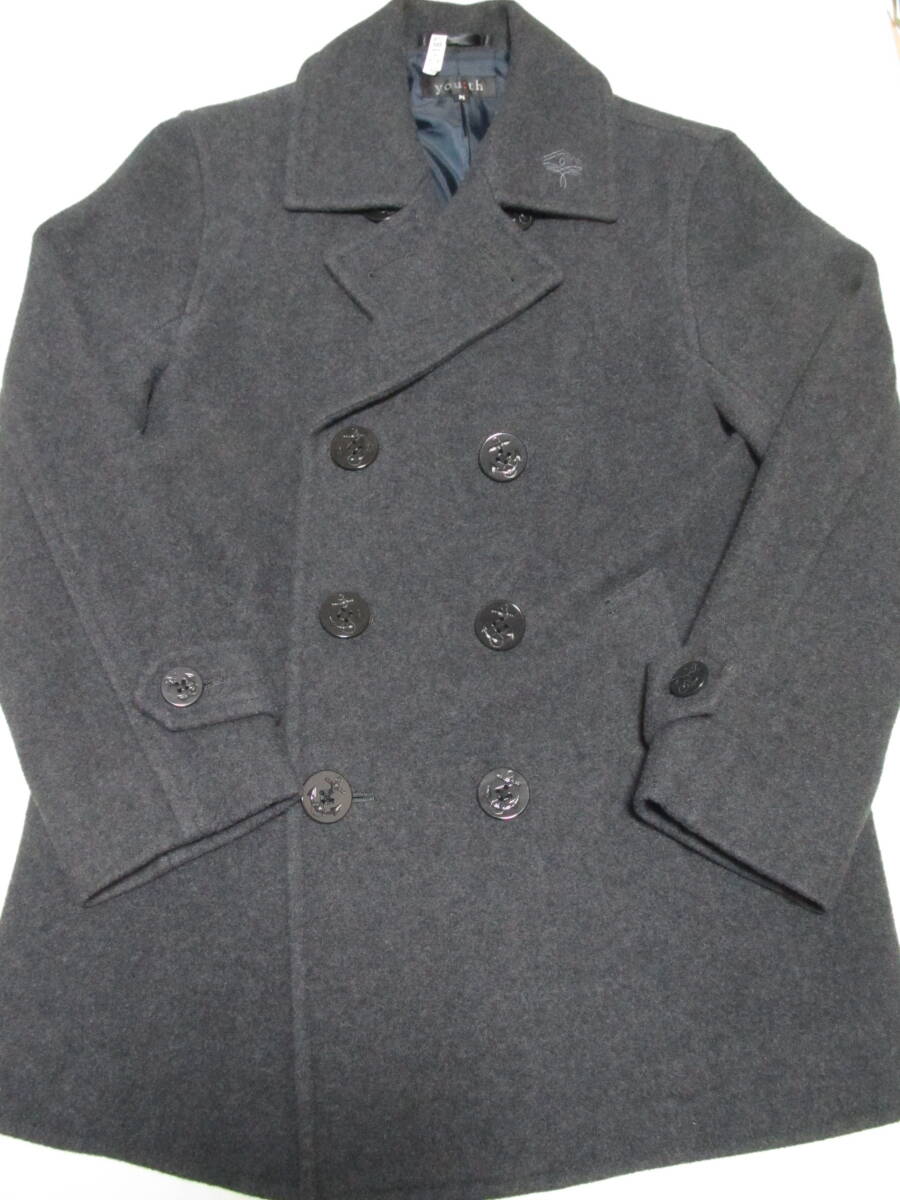 中古 美品 AICJ 中学 高校 高等学校 制服 コート 男女兼用 M 150 160cm 男の子 女の子 ウールコート 毛90% グレー 子供用 刺入り拍卖