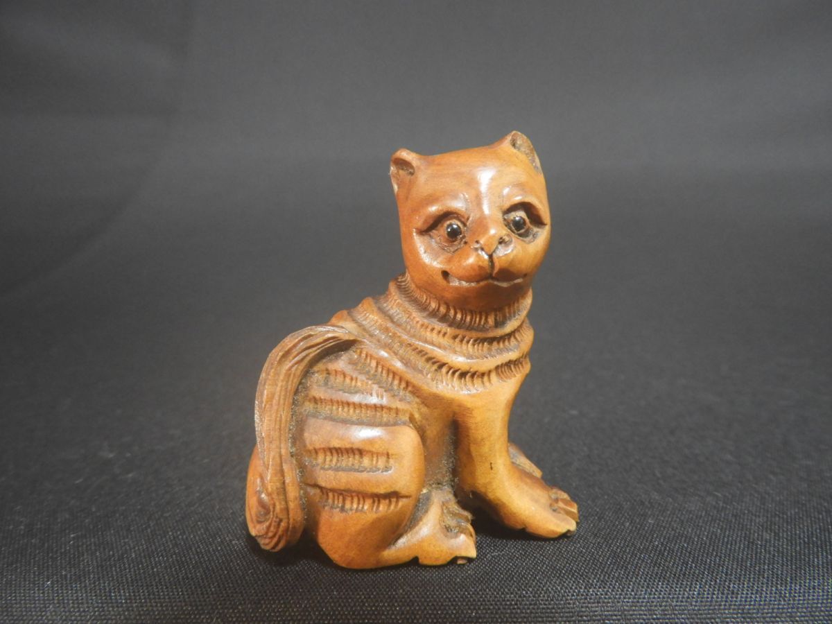 根付 ねこ 木彫 【送料無料】 (g-3)拍卖