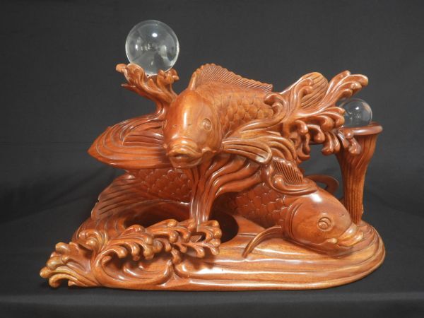 鯉木彫置物 鯉波 木彫 【送料無料】拍卖