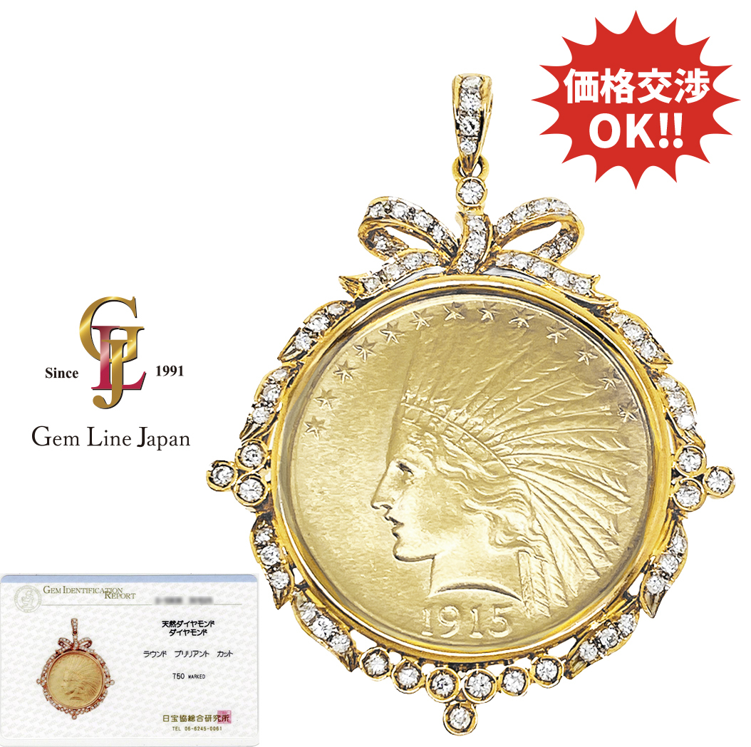 K21.6 K18 25.20g ヤング インディアン イーグル 10ドル 金貨 ダイヤモンド コイン トップ 日宝総研カード鑑付き拍卖