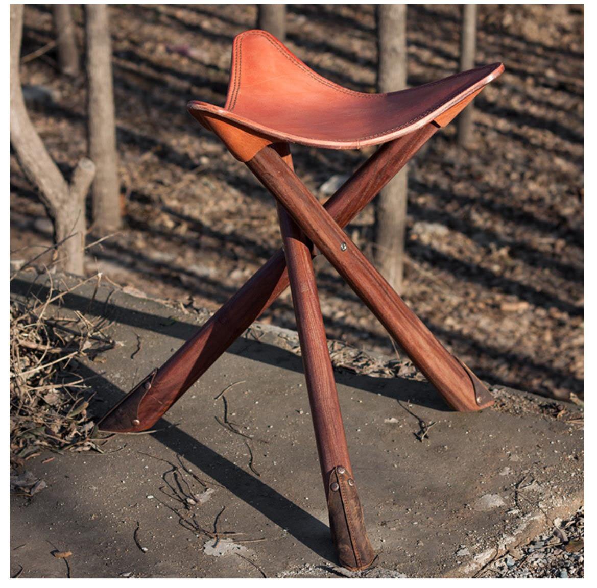 チェア コンパクトスツール 三脚椅 天然木&本革 3本足折りたたみ 牛革 キャンプ/フェス/アウトドア/グランピング 626拍卖