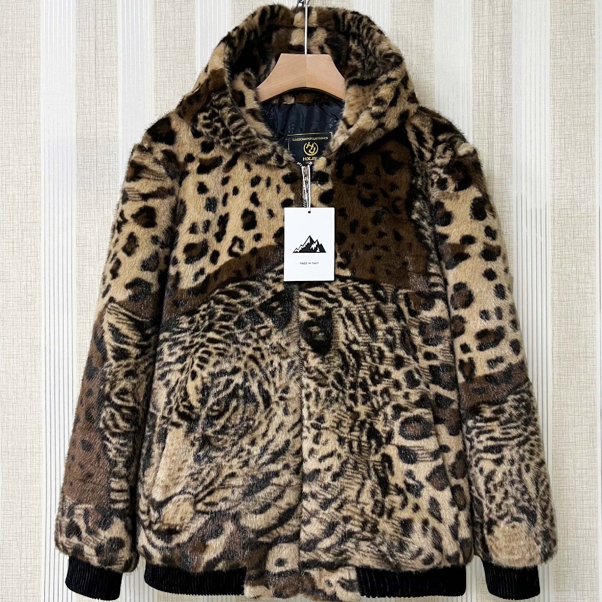 毛皮コート イタリア製造 ミンク混 防寒 暖かい ヒョウ柄 フード付き ジャケット コート アウター ブルゾン ファンコート 秋冬 真冬 SIZE:M拍卖
