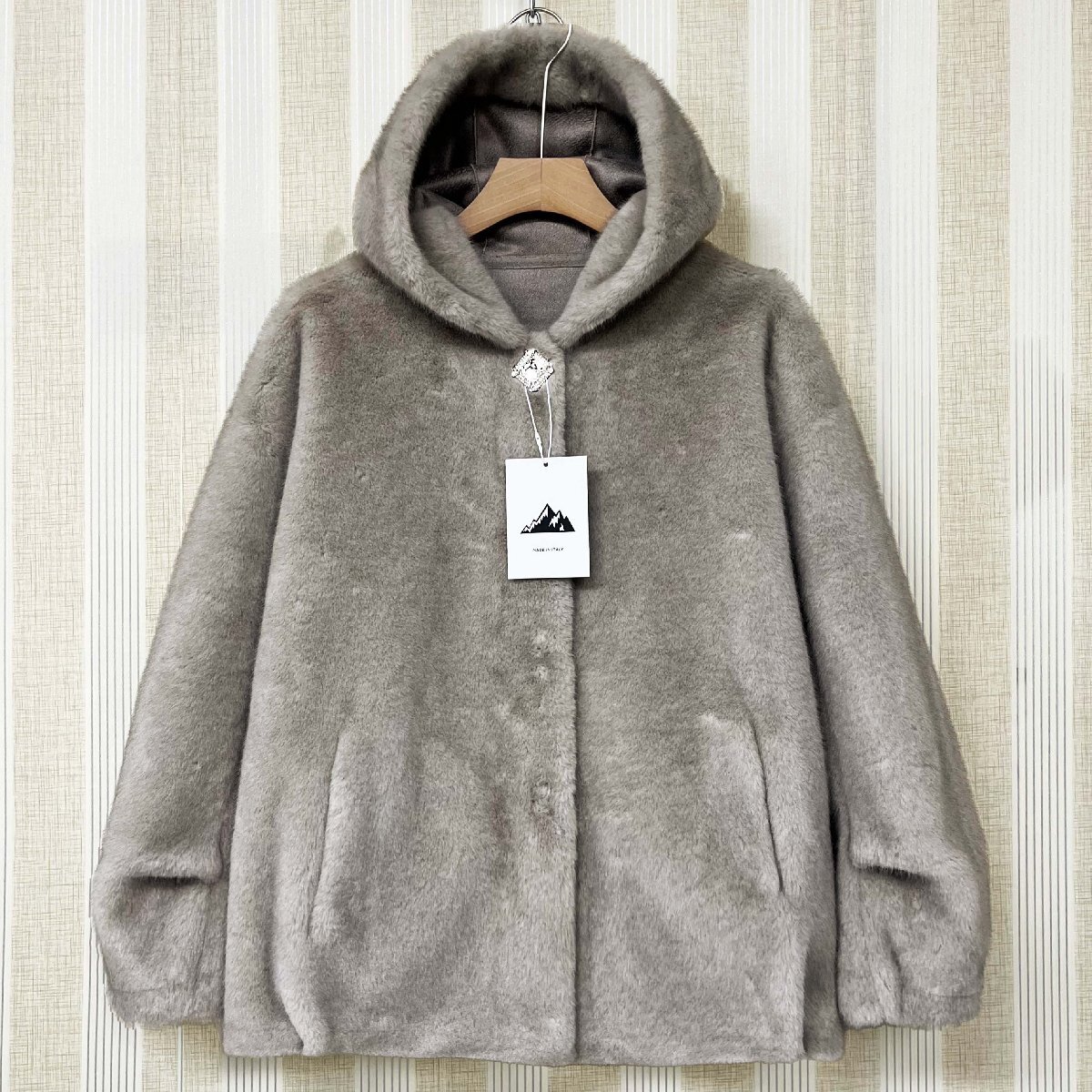 ファーコート イタリア製造 ミンク混 ふわふわ ソフト フード付き ラインストーン 華やか ゆったり キレイめ 毛皮ジャケット 秋冬 SIZE:M拍卖