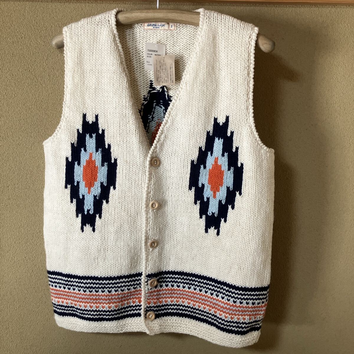 ガイジンメイド,手編みウールオルテガ模様ベスト ホワイト/Lサイズ拍卖