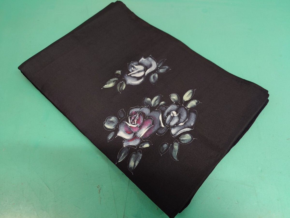 ●244 手描き 薔薇 柄 スタイリッシュ モノトーン系 エキゾチック ブラック 黒 ゴスロリ 敵な 袋帯 帯 存在感抜群 レトロ アンティーク③拍卖