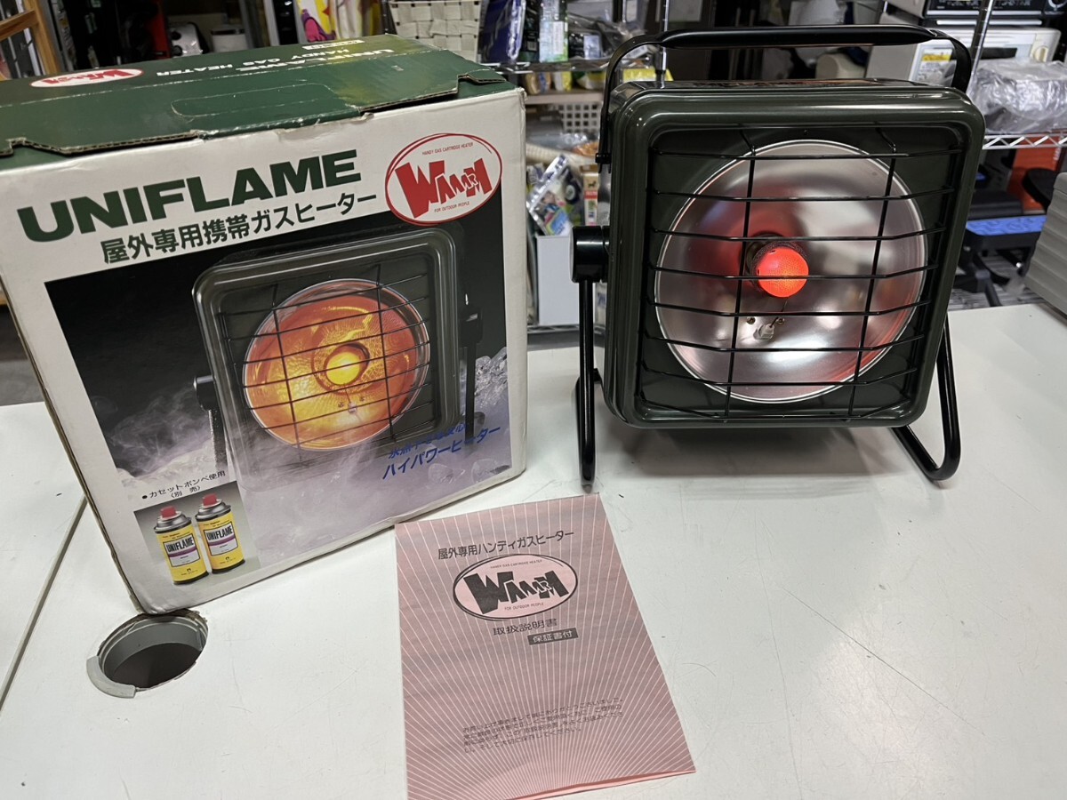 ○UNIFLAME ユニフレーム ワーム 屋外専用 携帯 ガスヒーター UW-200G 元箱取説付属 動作確認済 グリーン 寒冷地でも使用可能! 中古品③拍卖