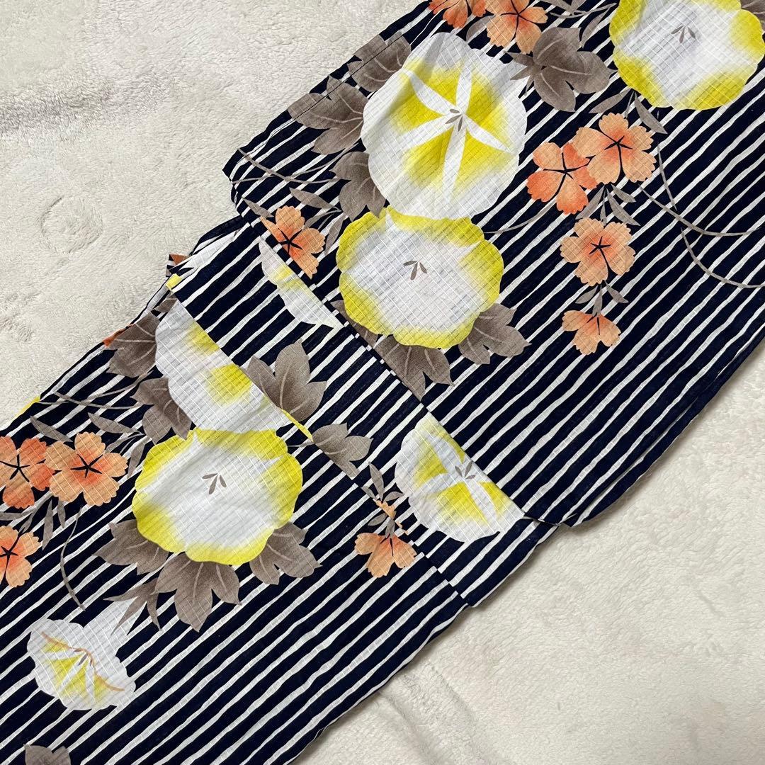 浴衣 簡単着付け 腰上あり ブラック 縦縞 朝顔 マジックテープ付 Mサイズ 拍卖