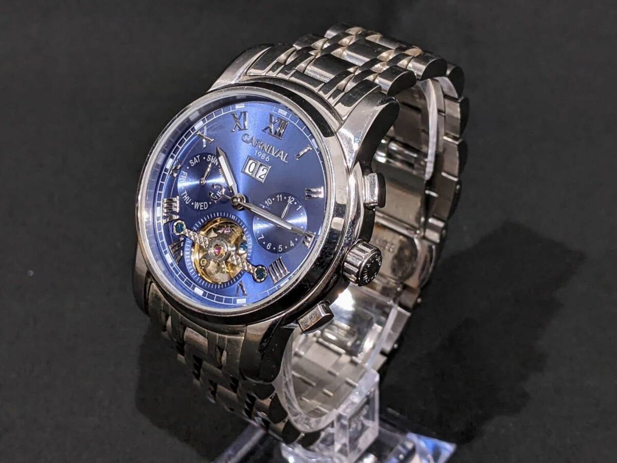 【17770】CARNIVAL カーニバル 8759G 自動巻き オートマ 稼働品 ブルー文字盤 腕時計 時計 メンズ コレクション拍卖