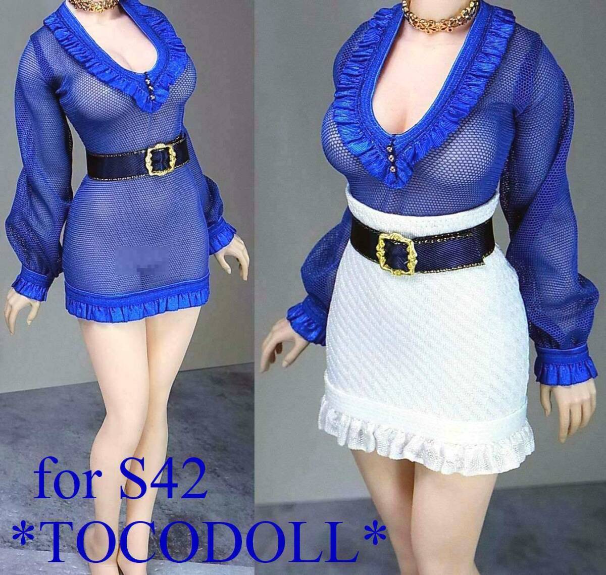 *toco*Phicen/TBLeague用 S42 オフィススタイル Vフリルネックシアートップス&タイトミニスカート/ブルー系×白拍卖