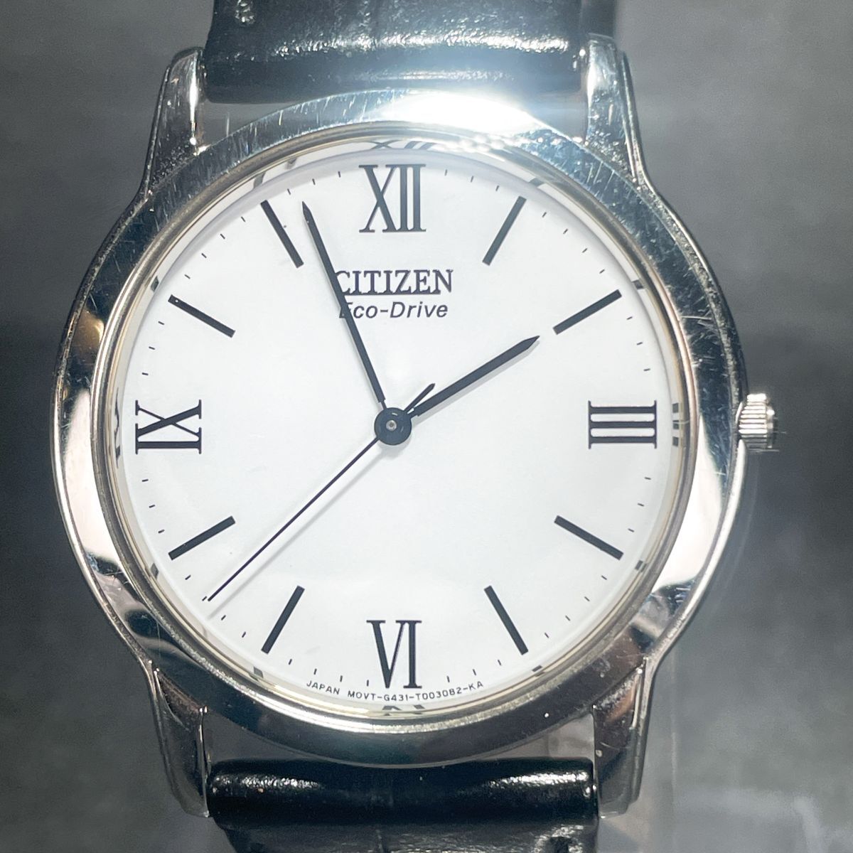 美品 CITIZEN シチズン Eco-Drive エコドライブ G431-T002421 腕時計 アナログ ソーラー 3針 ホワイト文字盤 レザーバンド ブラック拍卖