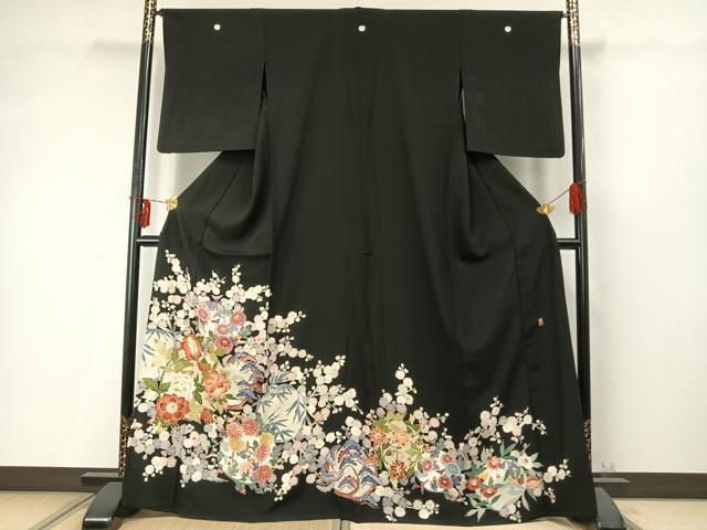 平和屋着物▽本加賀友禅作家 西川健一 黒留袖 単衣 草花文 正絹 逸品 AABD0296fy拍卖