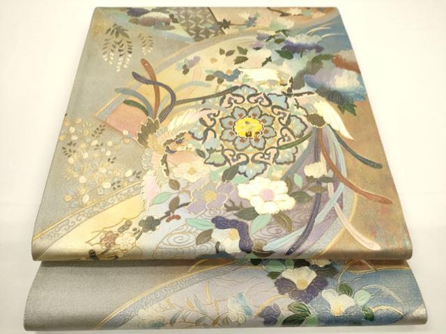 平和屋着物▼西陣 岡地毅謹製 袋帯 螺鈿 鳳凰蒔絵花文 金彩 引箔 正絹 逸品 未使用 CABA5642ak拍卖