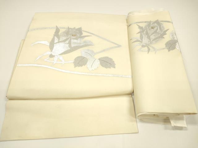 平和屋着物●塩瀬 つけ帯 刺繍 草花文 銀糸 正絹 逸品 DAAY8048cm拍卖