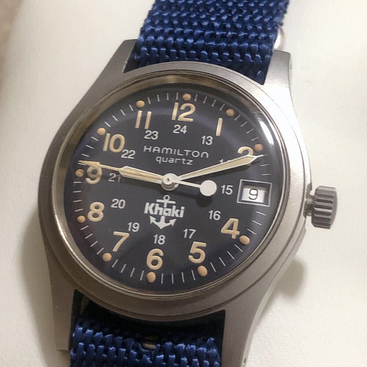希少★HAMILTON ハミルトン ミリタリーウォッチ カーキフィールド Khaki 錨 イカリ ブルー系 クォーツ 9797 SEIKO製NATOベルト拍卖