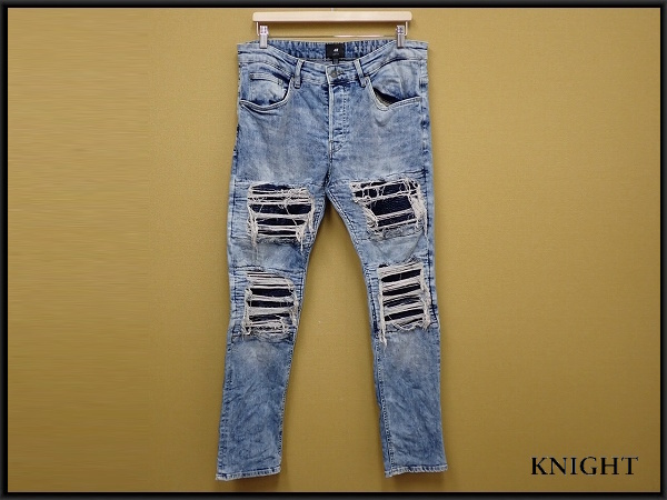 エイチアンドエム ダメージ加工ジーンズ・34△スキニー/ストレッチ/デニムパンツ/ユーズド加工/メンズ/25霜2-25拍卖