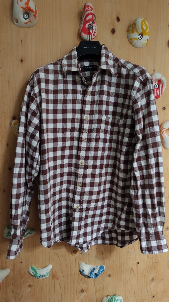ユニクロ UNIQLO ネルシャツ 茶色と白のチェック柄 長袖シャツ拍卖
