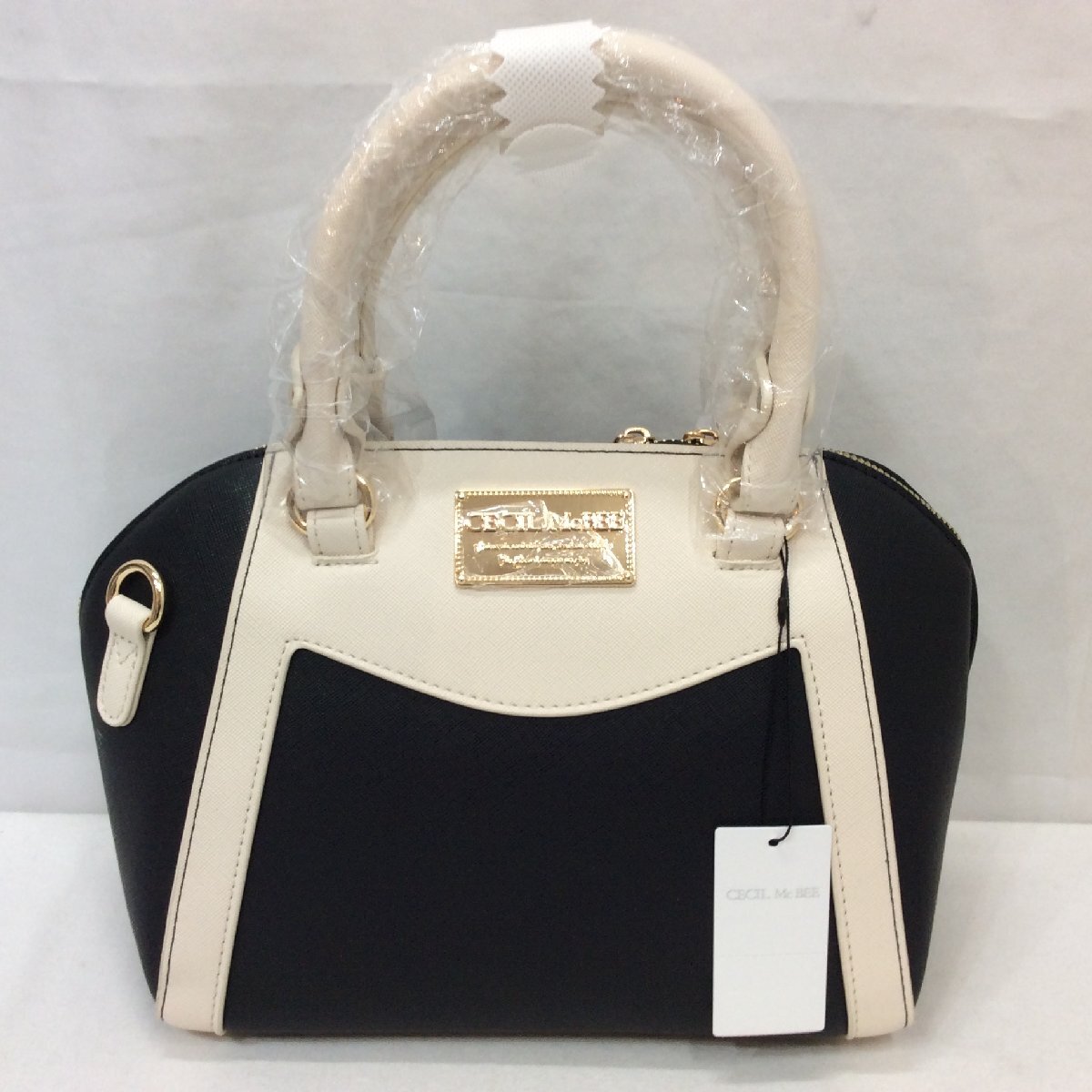 未使用☆CECIL Mc BEE セシルマクビー 合皮2WAYバッグ ショルダー付き ネイビー×ホワイト拍卖