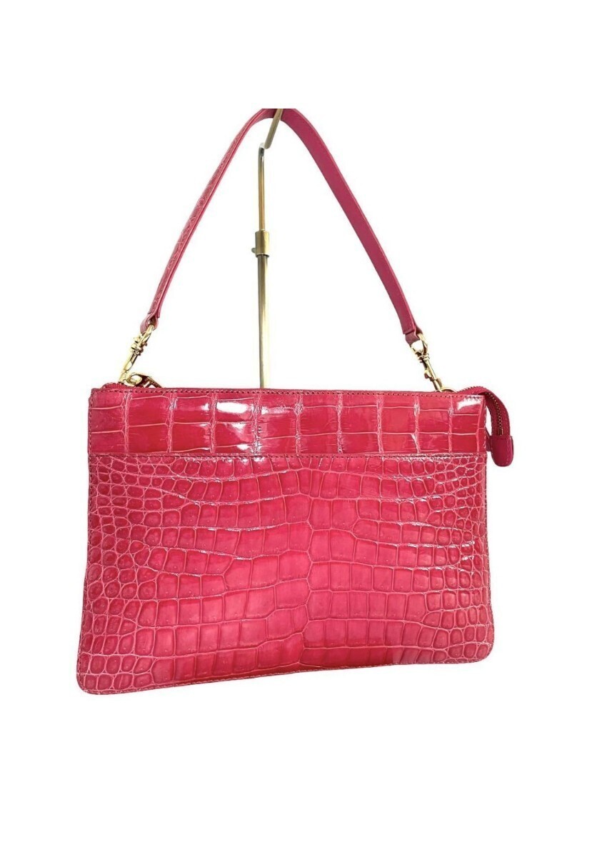 【★♪シャイニング センター取り♪★】 クロコダイル genuine crocodile 高級 希少 ハンドバッグ チェリー ピンク 拍卖