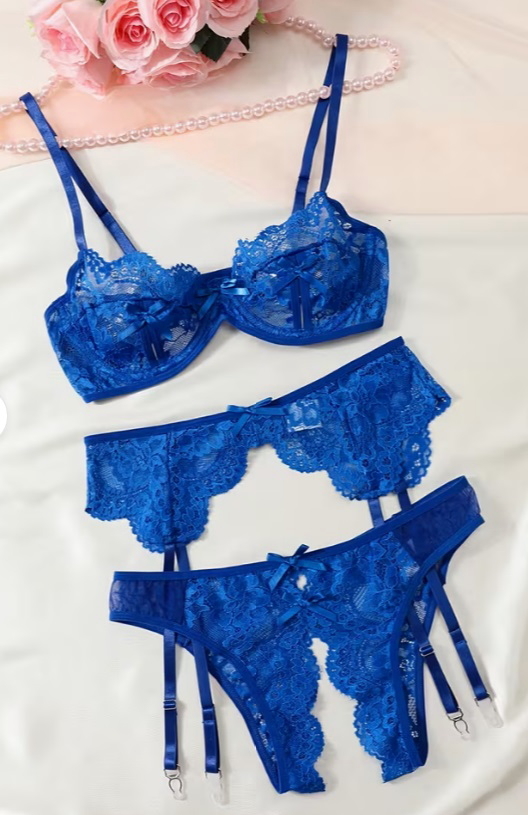 レース ワイヤー ブラジャー ガーター オープンショーツ セクシー ランジェリー 3点セット 青 ブルー レディース コスプレ インナー 下着拍卖