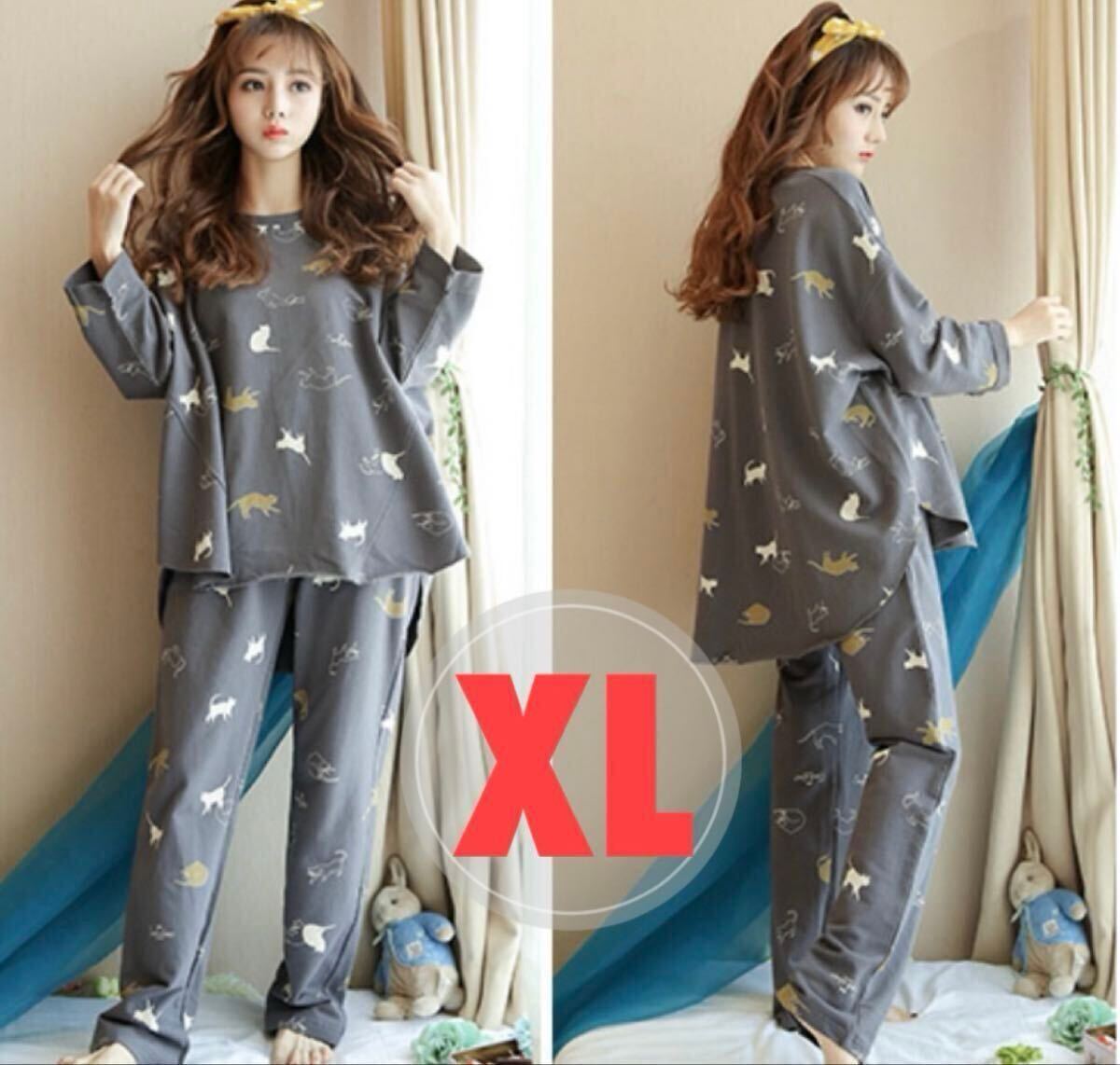 XL ルームウェア 猫 パジャマ レディース 上下 グレー 韓国 拍卖