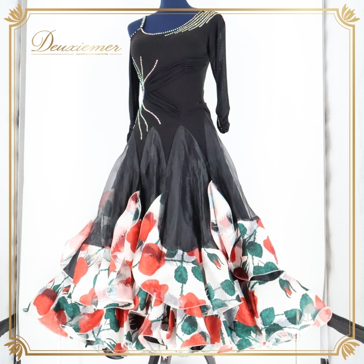 社交ダンス 衣装 スタンダードドレス スタンダード ワンピース ドレス 黒 白 花柄 フリル レース デモ 競技 ダンス パーティ 発表会拍卖