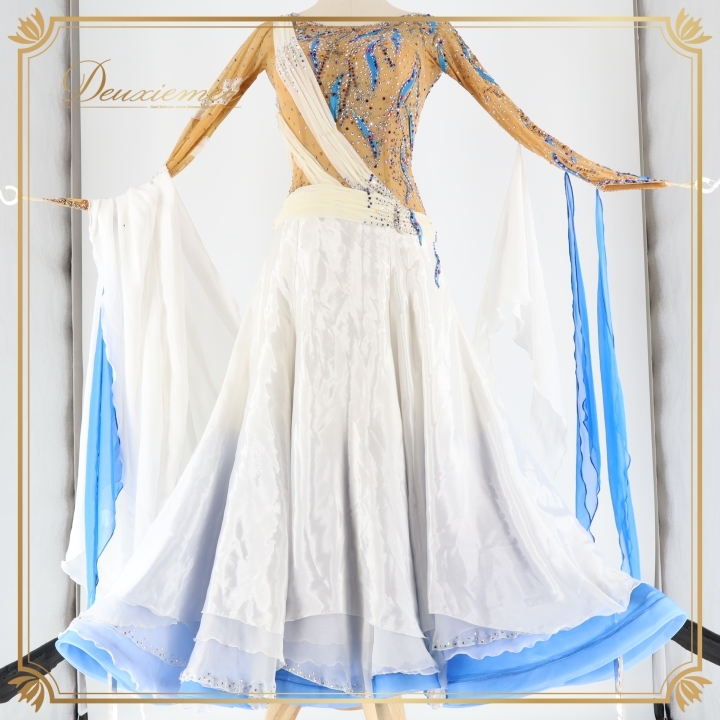 社交ダンス 衣装 スタンダード ドレス ワンピース スタンダードドレス 白 青 フロート デモ 競技 ダンス パーティ 発表会 綺麗 ホワイト系拍卖