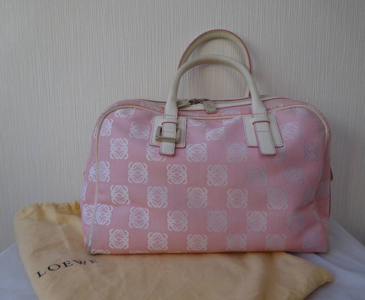 ロエベ ハンドバッグ ピンク キャンバス ボストン型 LOEWE アナグラム拍卖