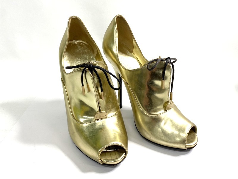 【即決】GUCCI グッチ レースアップ ピープトゥハイヒール レディース ゴールド レザー 23.5cm 196814 ヒール高11.5cm拍卖