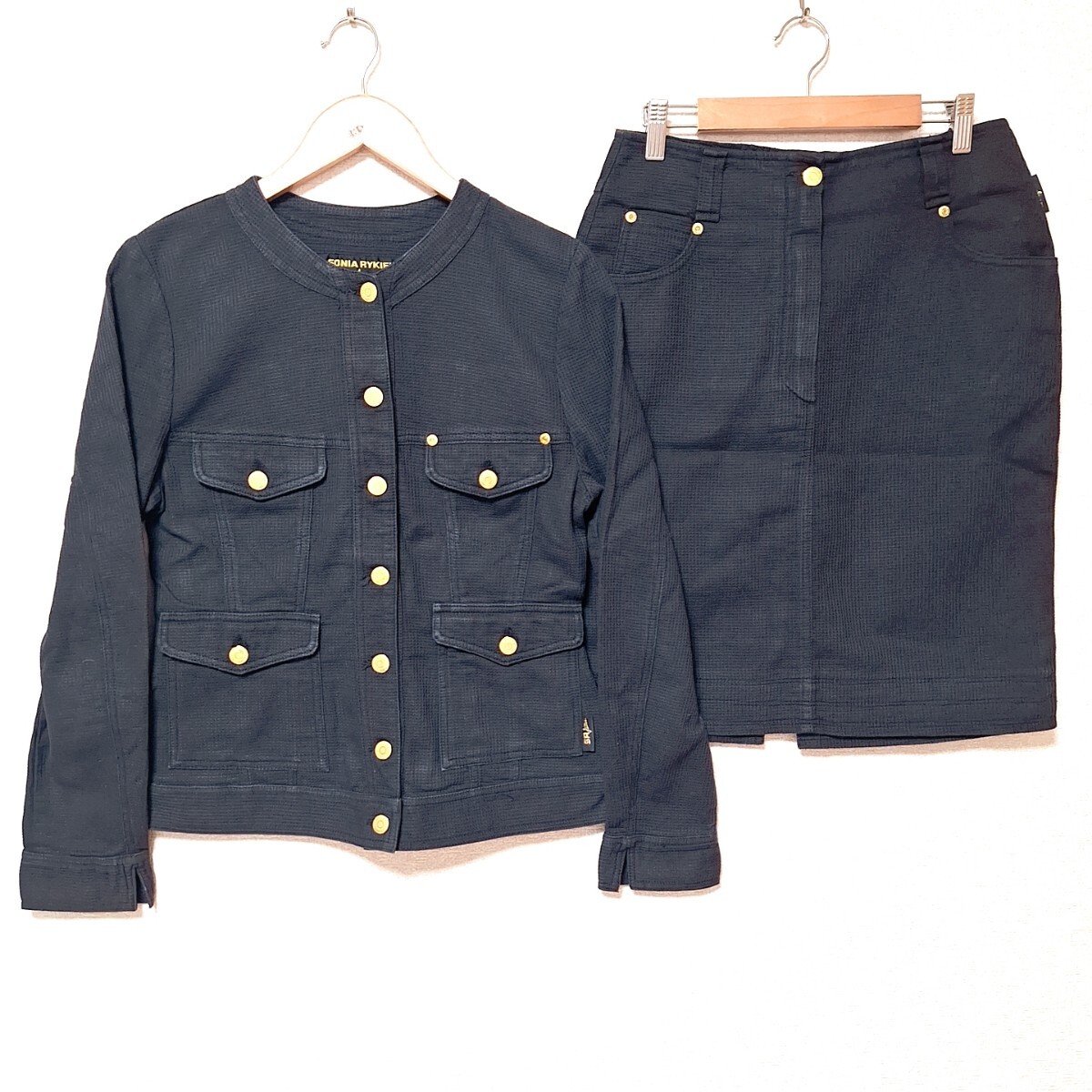 W971【SONIA RYKIEL】ソニア リキエル ノーカラージャケット セットアップ イタリア製 上下 ワッフル スカート 黒 レディース 40(M相当)/ee拍卖