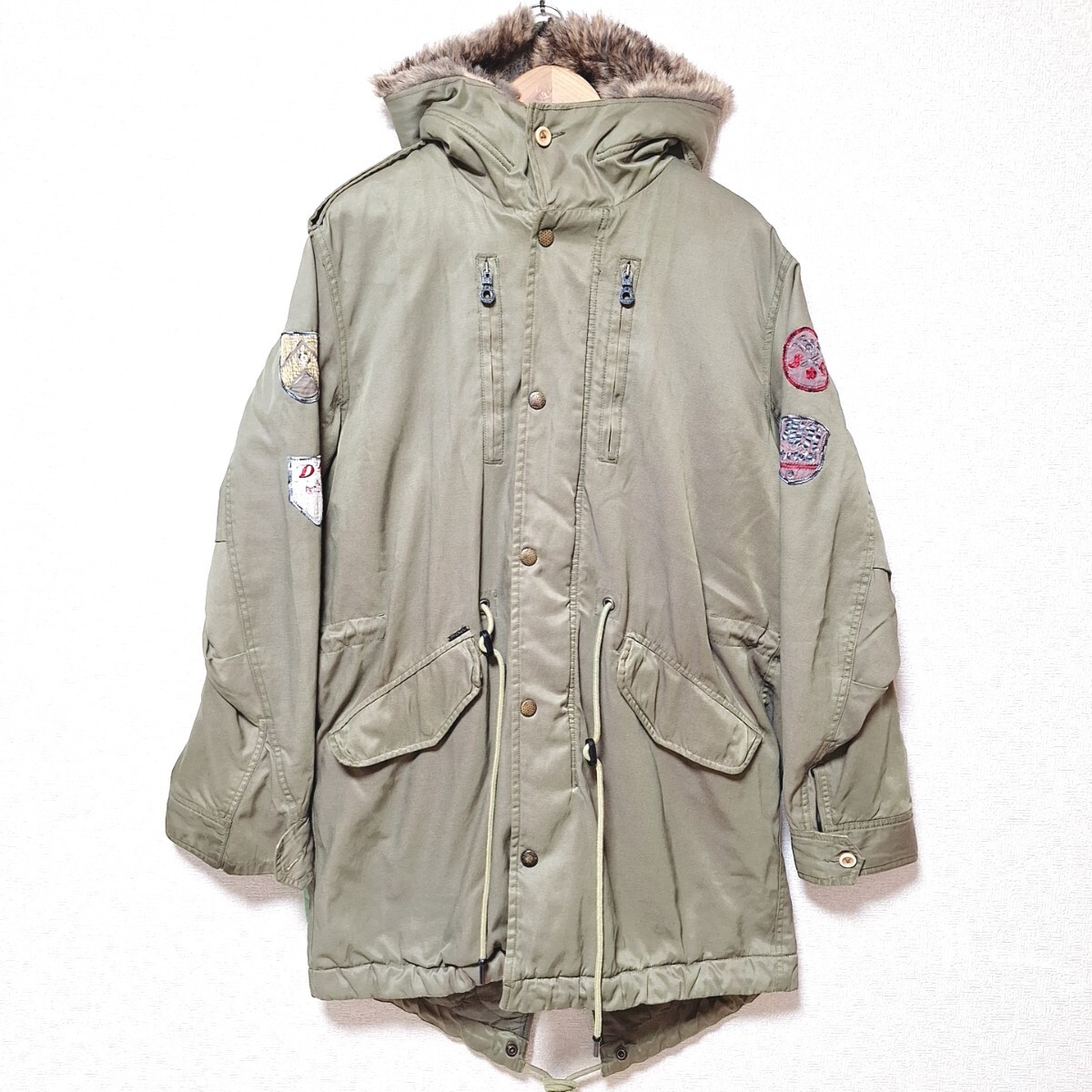 W966【DIESEL】ディーゼル フード付き ジャンパー アウター ビッグサイズ ジップポケット ワッペン カジュアル カーキ メンズ XL/ee拍卖