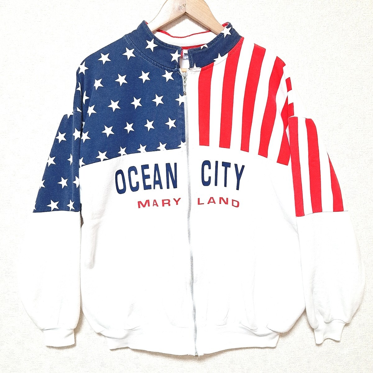 W963【ESY】イーエスワイ 長袖パーカー フルジップ アウター USA製 星条旗 星柄 ビッグサイズ アメカジ ホワイト メンズ XL/ee拍卖