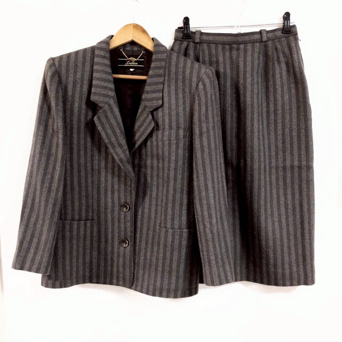 W1019【Leilian】レリアン セットアップ スーツ スカート ジャケット ヘリンボーン ウール ストライプ グレー レディース サイズ9(M位) /Ha拍卖