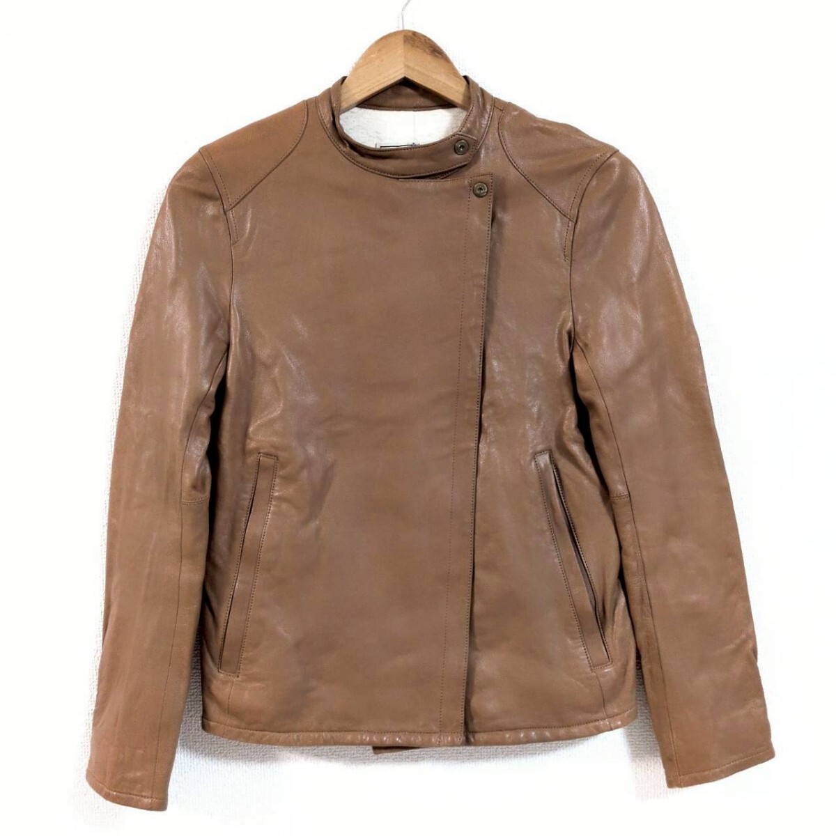 W1025【Pense'e】パンセ レザー ライダース ジャケット 羊 本革 ブルゾン シングル ジップアップ キャメル レディース サイズ 38(M位) /Ha拍卖